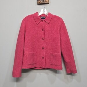 Lands End Boiled Wool Jacket Womens 8 Petite Pink Button Front Preppy Statement
